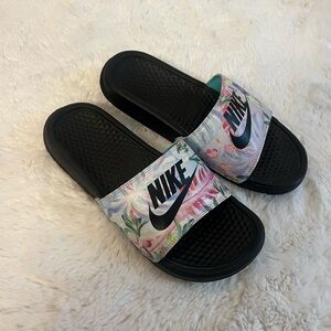 Nike Black and Teal Slide Sandals